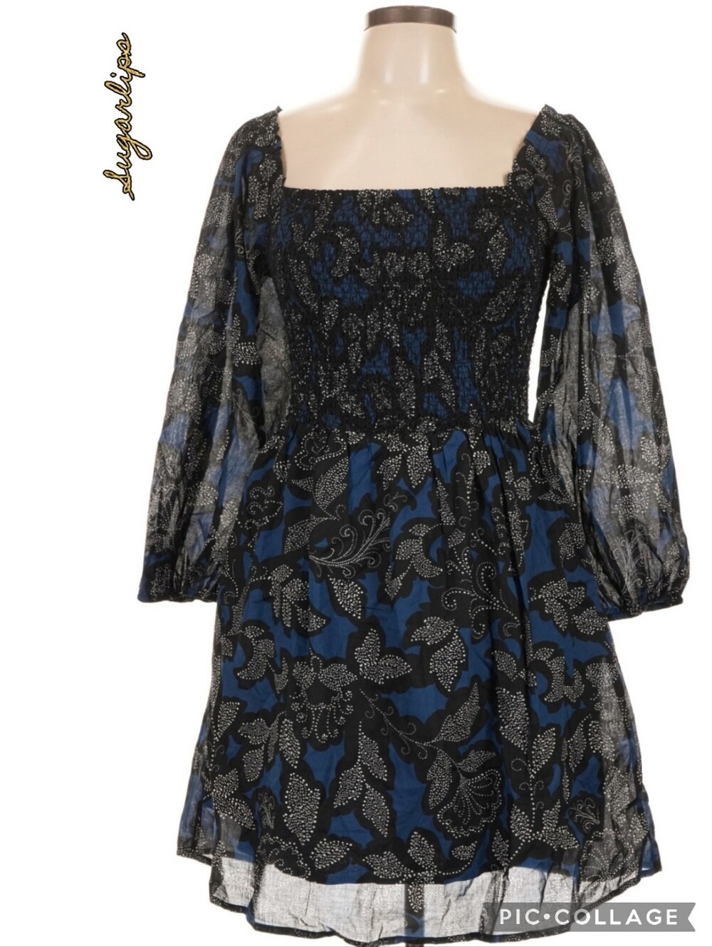 Sugarlips dress square-neck black & blue floral smocked bodice sheer 100% cotton